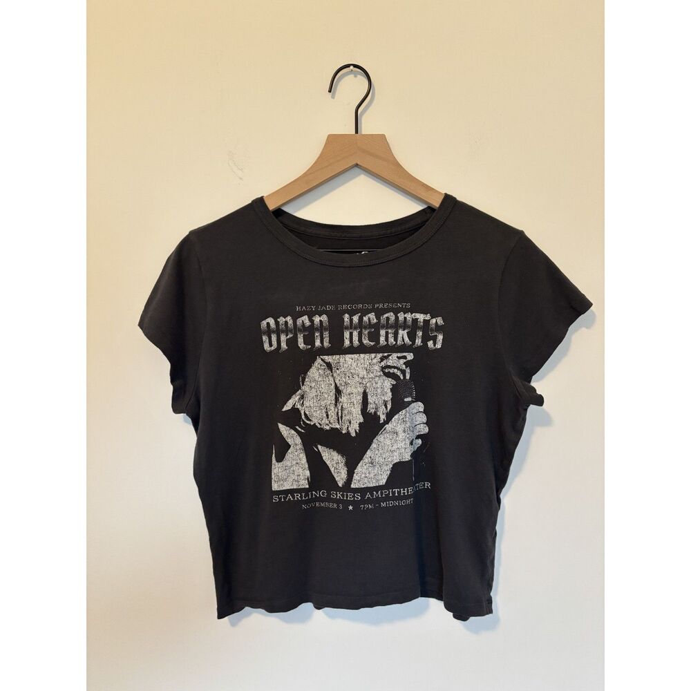 Hollister Black Open Hearts Band Graphic Tee Crop Top Size L